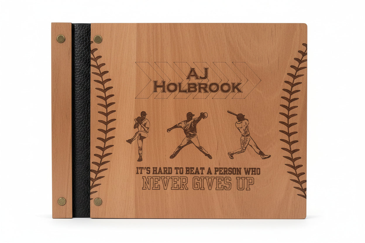 Wooden plaque with engraved text and illustrations of a baseball player on a wooden surface.